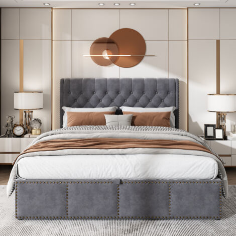 Letto contenitore matrimoniale imbottito, letto contenitore, senza materasso - 180 x 200 cm, velluto, grigio