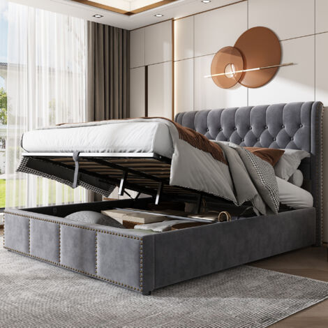 Letto contenitore matrimoniale imbottito, letto contenitore, senza materasso - 180 x 200 cm, velluto, grigio
