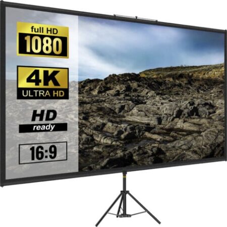 VEVOR Schermo Cinematografico per Esterni, 228,6cm Schermo per Proiettore, HD 16:9 Schermo del Proiettore Portatile con Supporto Treppiede in Alluminio, Grandangolo di 160 Gradi, per Casa