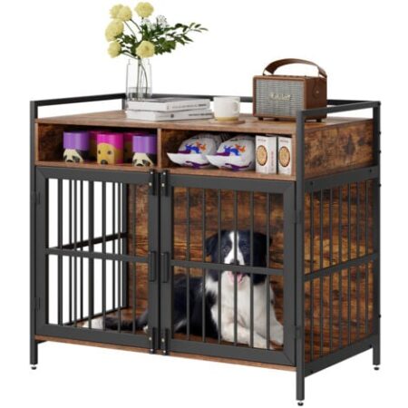 VEVOR Gabbia per Cani 104 x 59 x 91cm Moderna Gabbia per Cane in Legno Tavolino Portaoggetti Uso Interno Doppia Porta Vassoio Facile Montaggio per Cani Capacita Max.136kg,Gabbia Cani Marrone Rustico