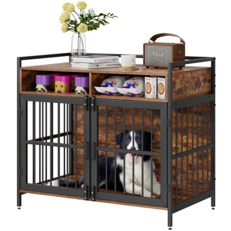 VEVOR Gabbia per Cani 104 x 59 x 91cm Moderna Gabbia per Cane in Legno Tavolino Portaoggetti Uso Interno Doppia Porta Vassoio Facile Montaggio per Cani Capacita Max.136kg,Gabbia Cani Marrone Rustico