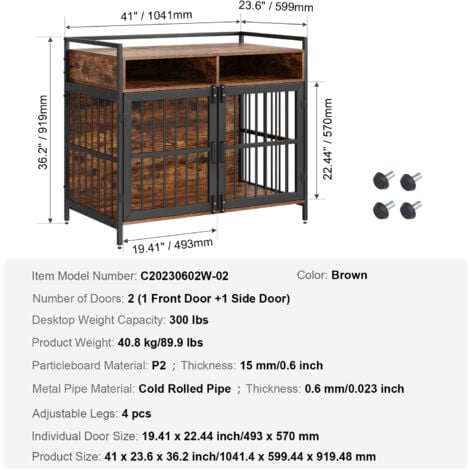 VEVOR Gabbia per Cani 104 x 59 x 91cm Moderna Gabbia per Cane in Legno Tavolino Portaoggetti Uso Interno Doppia Porta Vassoio Facile Montaggio per Cani Capacita Max.136kg,Gabbia Cani Marrone Rustico