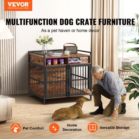 VEVOR Gabbia per Cani 104 x 59 x 91cm Moderna Gabbia per Cane in Legno Tavolino Portaoggetti Uso Interno Doppia Porta Vassoio Facile Montaggio per Cani Capacita Max.136kg,Gabbia Cani Marrone Rustico