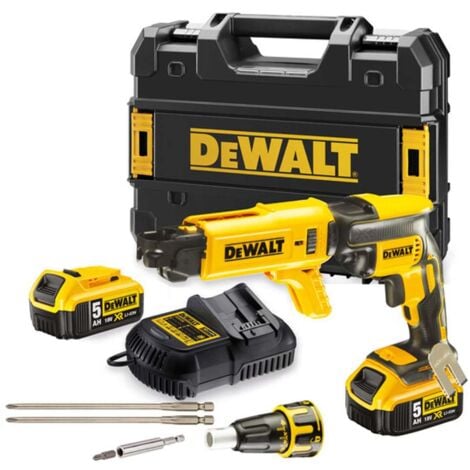 DeWALT Utensili - Avvitatore per cartongesso a batteria 18 V con alimentatore per viti e accessori, 2x batterie 5,0 Ah XR, caricabatterie DCF620P2K