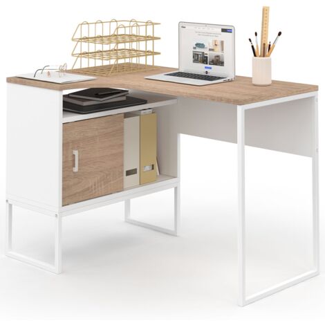 Scrivania angolare ROB in bianco e faggio con nicchia di contenimento e anta dal design industriale