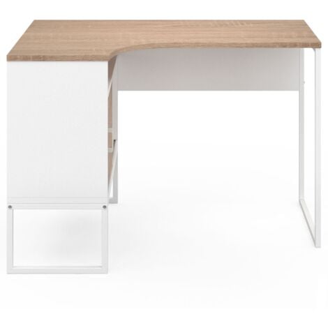Scrivania angolare ROB in bianco e faggio con nicchia di contenimento e anta dal design industriale