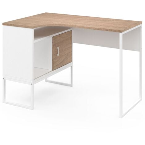 Scrivania angolare ROB in bianco e faggio con nicchia di contenimento e anta dal design industriale