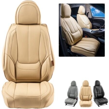VEVOR Coprisedili Universali per Auto Sedili Anteriori 6 Pezzi Coprisedili in Ecopelle, Disegno completamente chiuso, con Poggiatesta Rimovibile, Airbag, per Maggior Parte delle Auto SUV Camion, Beige