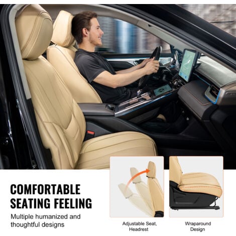 VEVOR Coprisedili Universali per Auto Sedili Anteriori 6 Pezzi Coprisedili in Ecopelle, Disegno completamente chiuso, con Poggiatesta Rimovibile, Airbag, per Maggior Parte delle Auto SUV Camion, Beige