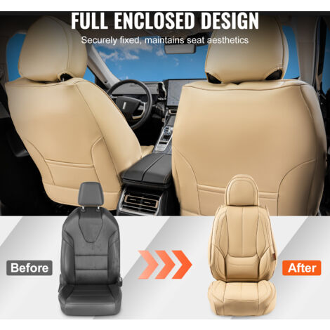 VEVOR Coprisedili Universali per Auto Sedili Anteriori 6 Pezzi Coprisedili in Ecopelle, Disegno completamente chiuso, con Poggiatesta Rimovibile, Airbag, per Maggior Parte delle Auto SUV Camion, Beige