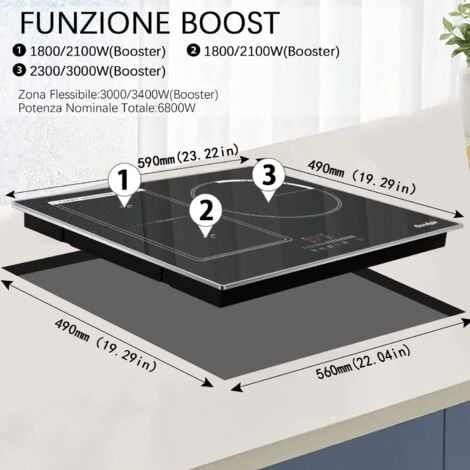 Piano Cottura Induzione 3 Fuochi, Cooksir Piano Cottura Elettrico con Touch Control, Piano Induzione da Incasso a 3 Piastre, Zona Flex per Funzione Bbq, Blocco Bambini, senza Spina