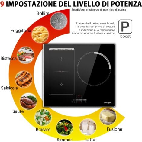 Piano Cottura Induzione 3 Fuochi, Cooksir Piano Cottura Elettrico con Touch Control, Piano Induzione da Incasso a 3 Piastre, Zona Flex per Funzione Bbq, Blocco Bambini, senza Spina