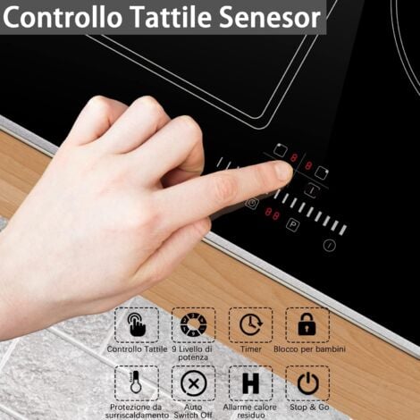 Piano Cottura Induzione 3 Fuochi, Cooksir Piano Cottura Elettrico con Touch Control, Piano Induzione da Incasso a 3 Piastre, Zona Flex per Funzione Bbq, Blocco Bambini, senza Spina