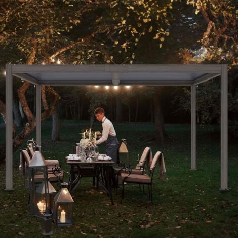 Pergola Bioclimatica Gardiun Hampshire 3x4 di 12m2 Gazebo da Giardino Fabbricato in Alluminio e Acciaio Zincato Effetto Legno