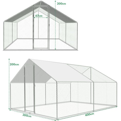 Pollaio da esterno Tetto per pollaio, acciaio zincato Piccolo pollaio Copertura da esterno con protezione solare Gabbia per polli, 3 x 4 x 2 m