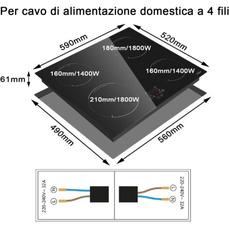 Piano cottura a induzione, 4 fuochi, L59 x P52 cm, 9 livelli di potenza, 6400 W, a incasso, nessuna spina inclusa, controllo touch, funzione pausa, timer, Hobsir