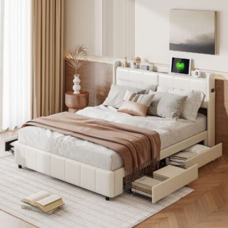 Letto matrimoniale 160x200 cm - con 4 cassetti, porte di ricarica USB e Type-C, letto per adulti con testiera illuminata a LED, rete a doghe, letto per ragazzi, similpelle - Bianco