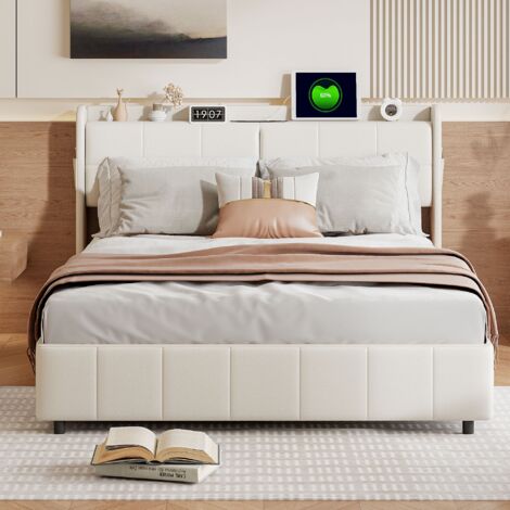 Letto matrimoniale 160x200 cm - con 4 cassetti, porte di ricarica USB e Type-C, letto per adulti con testiera illuminata a LED, rete a doghe, letto per ragazzi, similpelle - Bianco