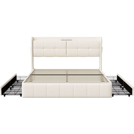 Letto matrimoniale 160x200 cm - con 4 cassetti, porte di ricarica USB e Type-C, letto per adulti con testiera illuminata a LED, rete a doghe, letto per ragazzi, similpelle - Bianco