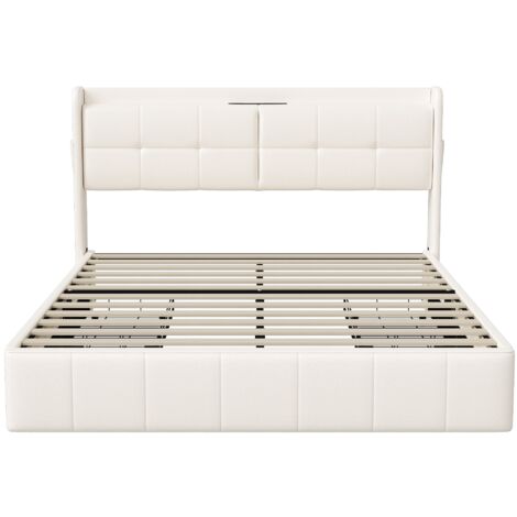 Letto matrimoniale 160x200 cm - con 4 cassetti, porte di ricarica USB e Type-C, letto per adulti con testiera illuminata a LED, rete a doghe, letto per ragazzi, similpelle - Bianco