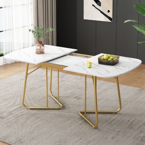 Tavolo da pranzo allungabile bianco con struttura in marmo, gambe del tavolo in metallo placcato oro, tavolo da pranzo allungabile 140/18080 cm, stile squisito di lusso, tavolo da pranzo bianco ad ang