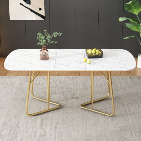 Tavolo da pranzo allungabile bianco con struttura in marmo, gambe del tavolo in metallo placcato oro, tavolo da pranzo allungabile 140/18080 cm, stile squisito di lusso, tavolo da pranzo bianco ad ang