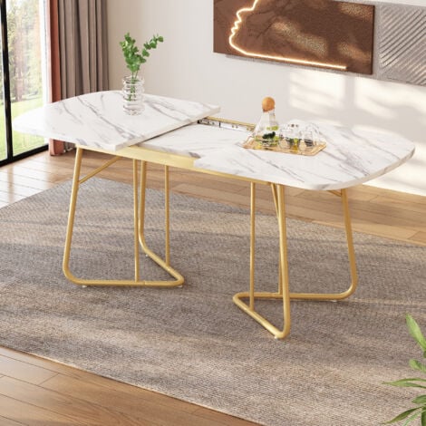 Tavolo da pranzo allungabile bianco con struttura in marmo, gambe del tavolo in metallo placcato oro, tavolo da pranzo allungabile 140/18080 cm, stile squisito di lusso, tavolo da pranzo bianco ad ang
