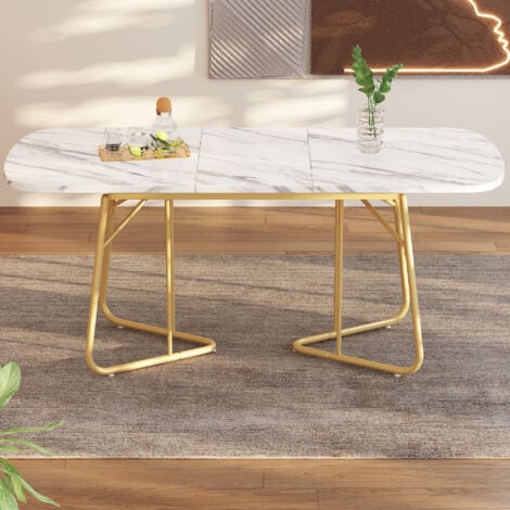 Tavolo da pranzo allungabile bianco con struttura in marmo, gambe del tavolo in metallo placcato oro, tavolo da pranzo allungabile 140/18080 cm, stile squisito di lusso, tavolo da pranzo bianco ad ang