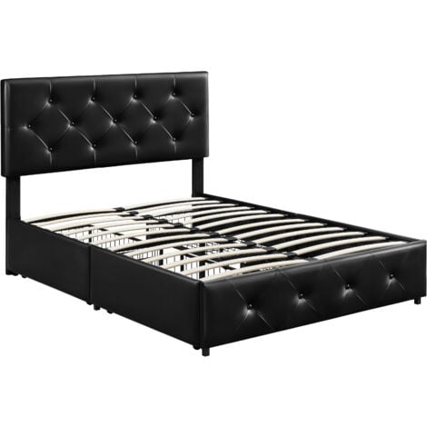 Yaheetech Letto con Testiera Imbottita Regolabile Similcuoio con 4 Cassetti 140 x 200 cm Rete a Doghe Gambe in Legno Massiccio e Metallo Nero