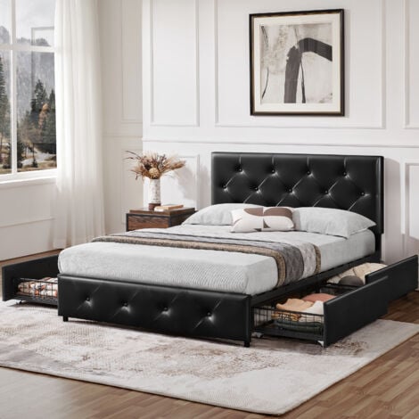 Yaheetech Letto con Testiera Imbottita Regolabile Similcuoio con 4 Cassetti 140 x 200 cm Rete a Doghe Gambe in Legno Massiccio e Metallo Nero