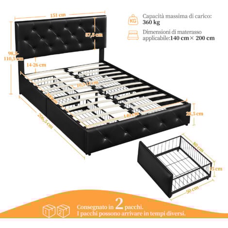 Yaheetech Letto con Testiera Imbottita Regolabile Similcuoio con 4 Cassetti 140 x 200 cm Rete a Doghe Gambe in Legno Massiccio e Metallo Nero