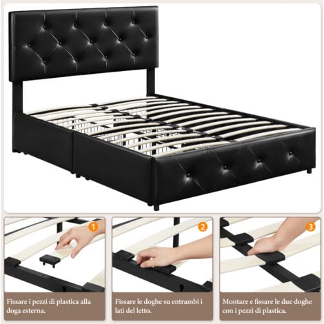 Yaheetech Letto con Testiera Imbottita Regolabile Similcuoio con 4 Cassetti 140 x 200 cm Rete a Doghe Gambe in Legno Massiccio e Metallo Nero