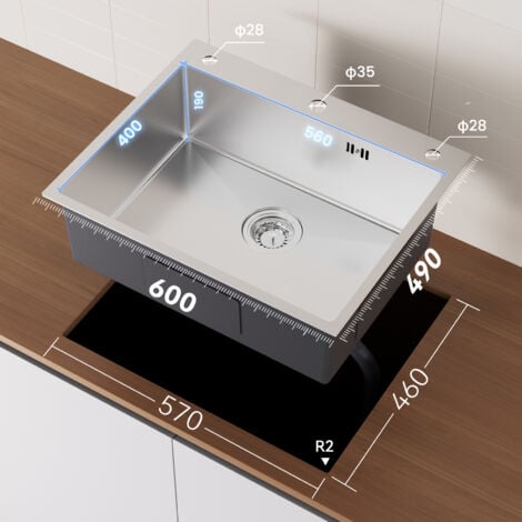 60 x 49 CM Lavello rettangolare, acciaio inox Lavello da incasso con sifone/ tubo di scarico, foro di troppopieno