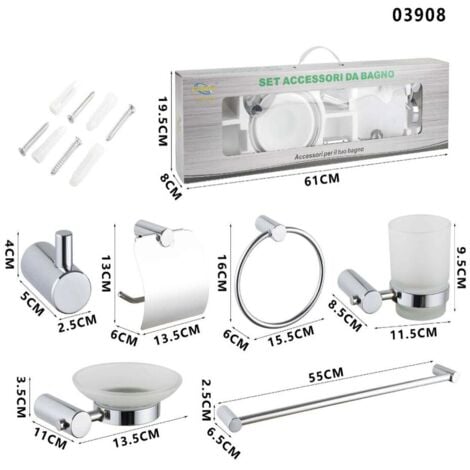 KIT COMPLETO 6 ACCESSORI BAGNO ASTA SAPONE WC GANCIO PORTA ASCIUGAMANO 03908