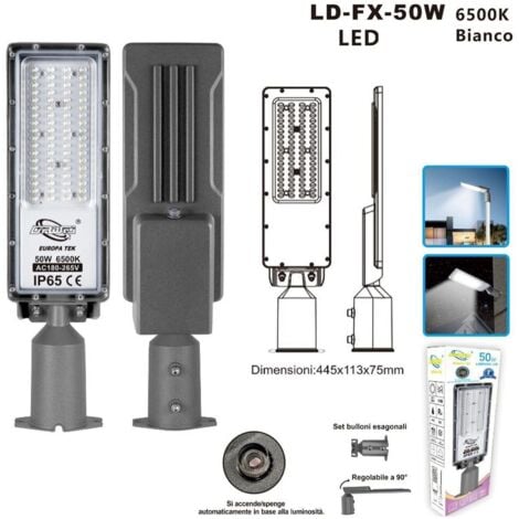 LAMPIONE STRADALE FARO A LED 6500K LUCE FREDDA ESTERNO REGOLABILE 90° LD-FX 50W