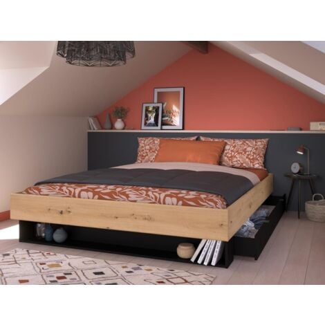 Letto con cassetto e nicchia 160 x 200 cm Naturale e Nero - MISTA