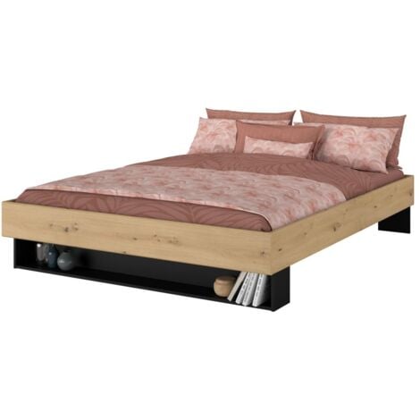 Letto con cassetto e nicchia 160 x 200 cm Naturale e Nero - MISTA