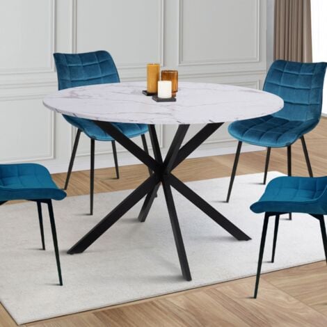 Tavolo da pranzo rotondo per 4-6 persone ALASKA con effetto marmo bianco e gamba a ragno in metallo 110 cm