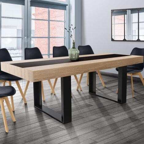 Tavolo da pranzo rettangolare PHOENIX per 8 persone, legno e fascia centrale nera, 200 cm