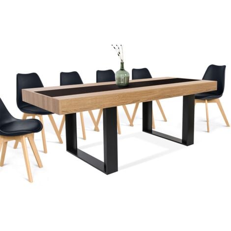 Tavolo da pranzo rettangolare PHOENIX per 8 persone, legno e fascia centrale nera, 200 cm