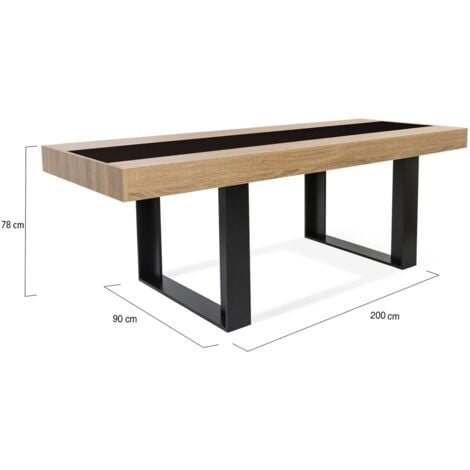 Tavolo da pranzo rettangolare PHOENIX per 8 persone, legno e fascia centrale nera, 200 cm