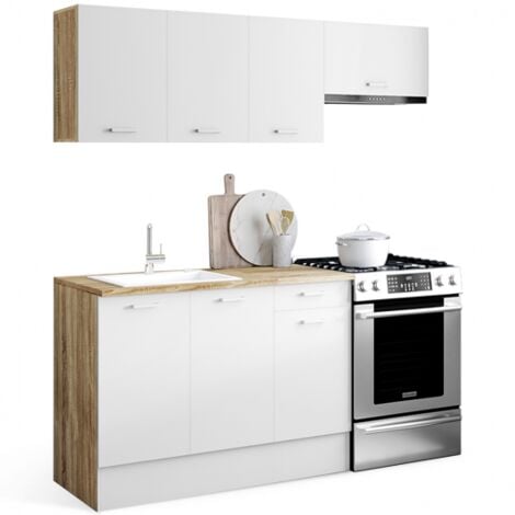 Cucina completa SUBTIL da 180 cm con piano di lavoro a 5 elementi in legno e bianco