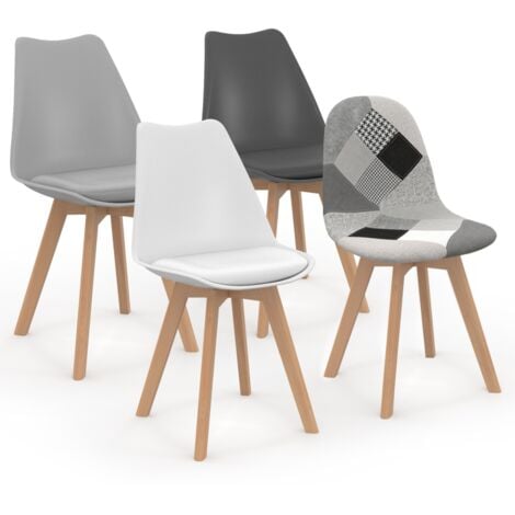 Juego de 4 sillas escandinavas SARA en gris oscuro, blanco y negro con patchwork negro, gris y blanco