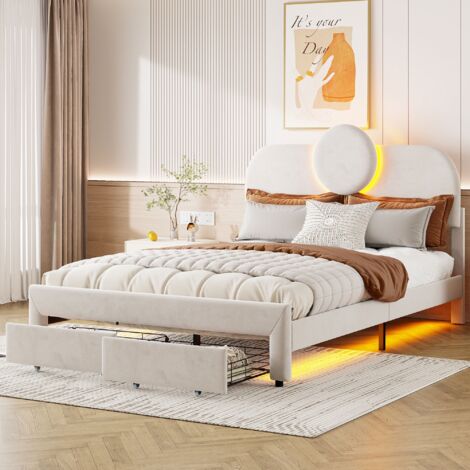 Letto matrimoniale 140x200 cm, tessuto velluto, con 2 cassetti, testiera regolabile, con illuminazione a LED, struttura letto - Beige