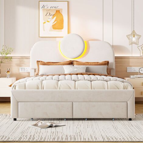 Letto matrimoniale 140x200 cm, tessuto velluto, con 2 cassetti, testiera regolabile, con illuminazione a LED, struttura letto - Beige