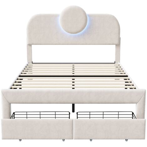 Letto matrimoniale 140x200 cm, tessuto velluto, con 2 cassetti, testiera regolabile, con illuminazione a LED, struttura letto - Beige