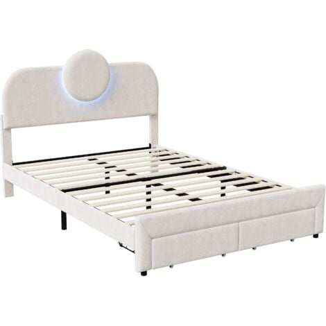 Letto matrimoniale 140x200 cm, tessuto velluto, con 2 cassetti, testiera regolabile, con illuminazione a LED, struttura letto - Beige