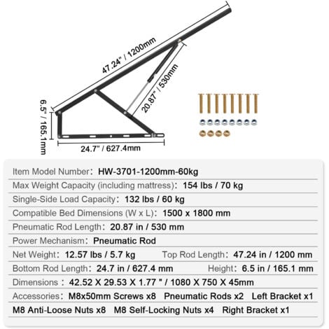 Mophorn Sollevatore per letto, dimensioni letto 59x71 in, capacità 154 libbre, kit letto a muro fai da te, supporto leva pneumatico, resistente, letto a muro pieghevole per camera da letto