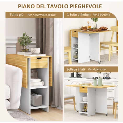 HOMCOM Tavolo Pieghevole 2-4 Posti con 2 Ribalte, Cassetto e Ripiani, Rovere