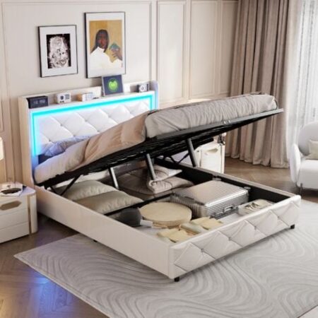Letto contenitore 160x200 cm, letto matrimoniale con rete a doghe, testiera con decorazione a rombi, illuminazione a LED e porta di ricarica USB, similpelle, Bianco